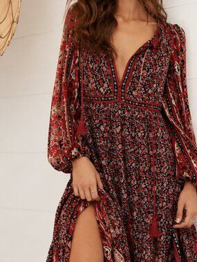 Free People Boho Floral Maxi Dress | Deep V-Neck Tassel | Size Small